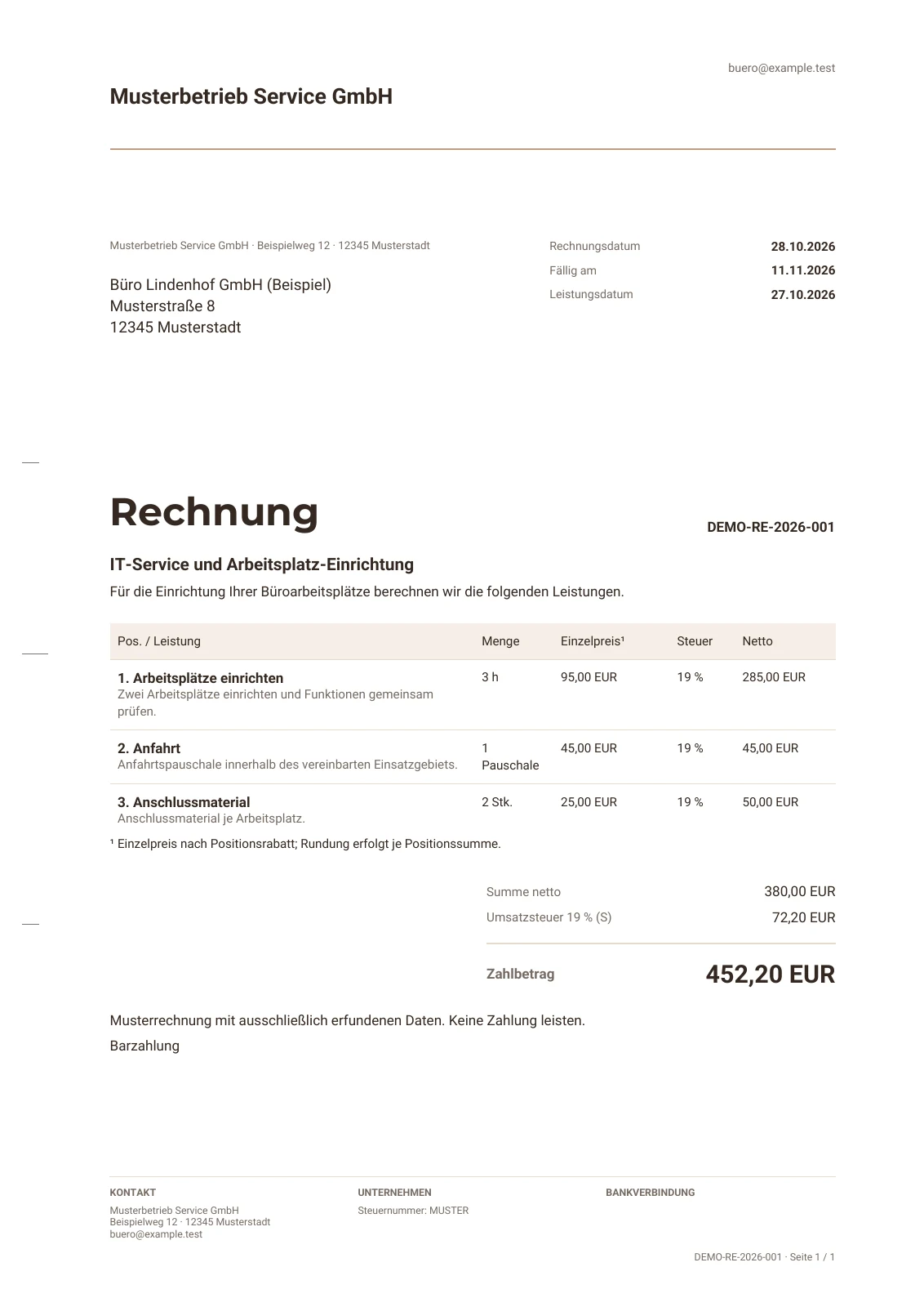 Echter Rechnungsexport mit drei Leistungspositionen: 380,00 Euro netto und 452,20 Euro brutto, ausschließlich erfundene Demodaten