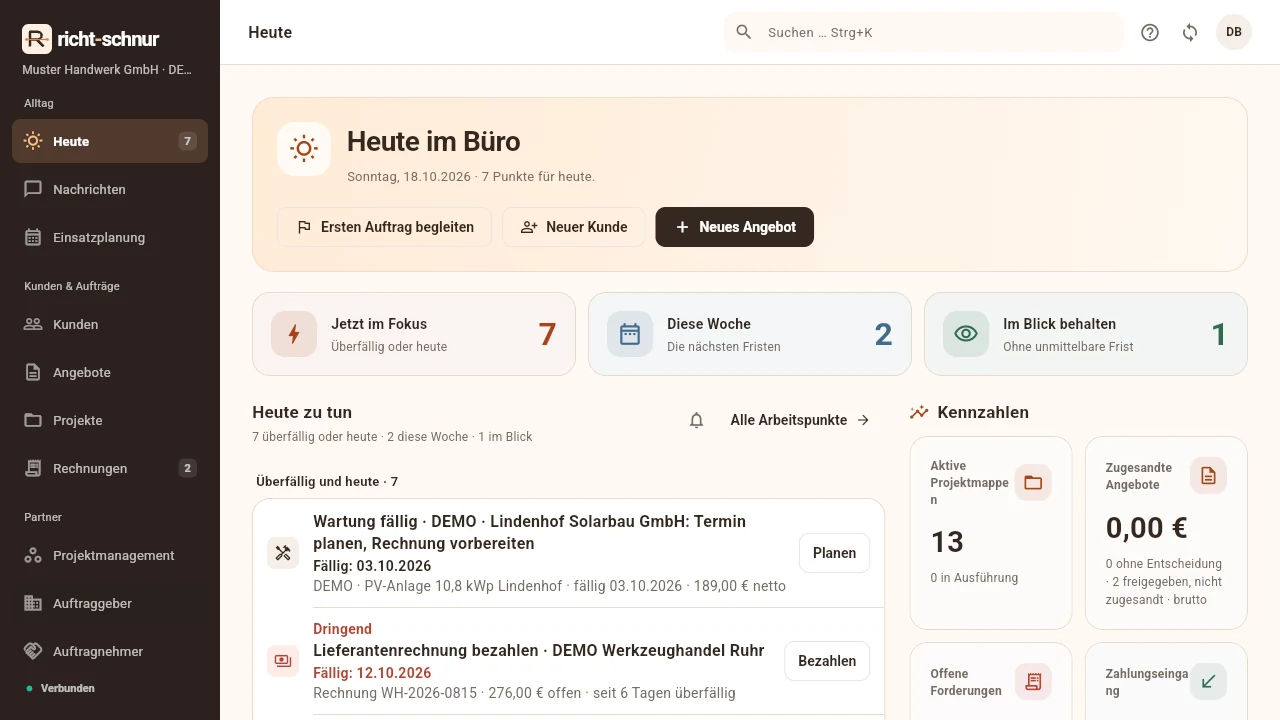 Büroübersicht von richt-schnur mit Aufgaben und Projektfortschritten – erfundene Demodaten