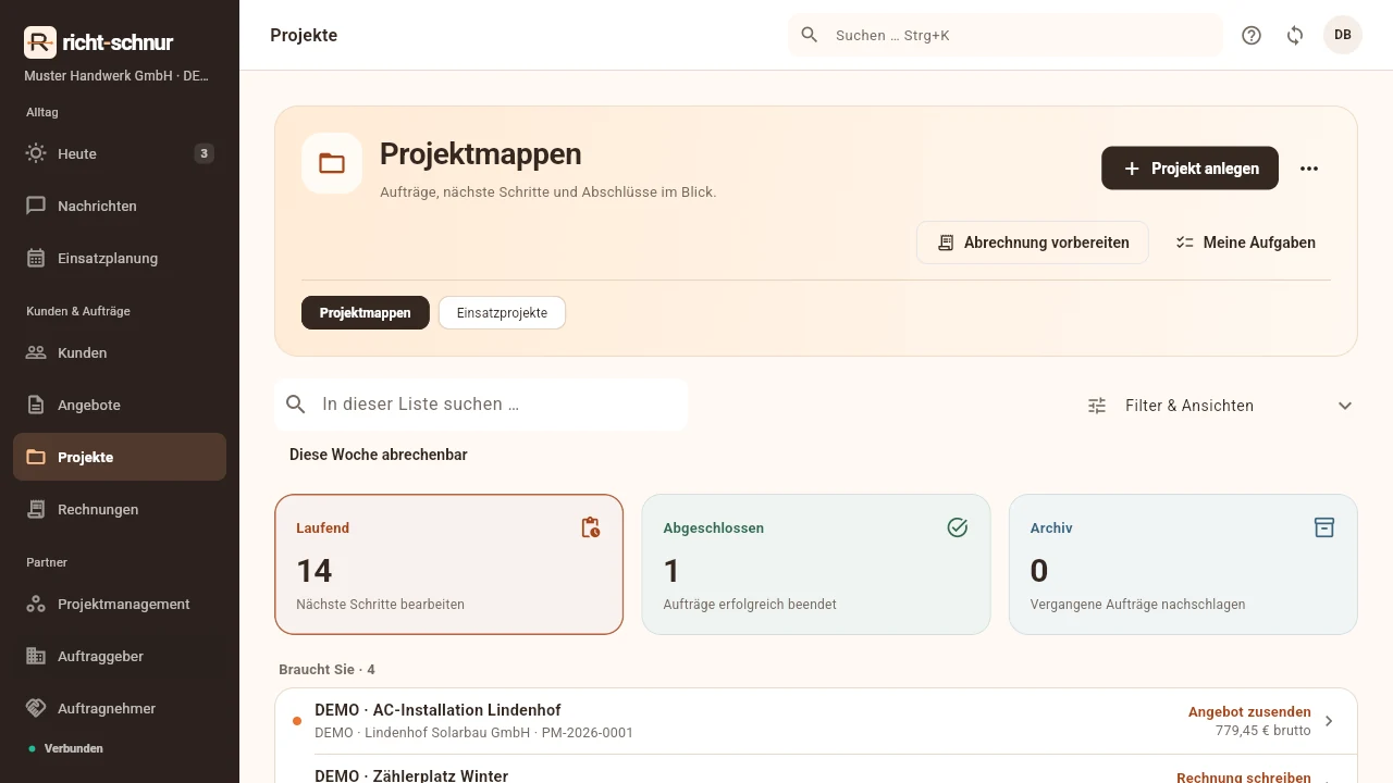 Projektübersicht mit farbigen Kennzahlen und nächsten Schritten