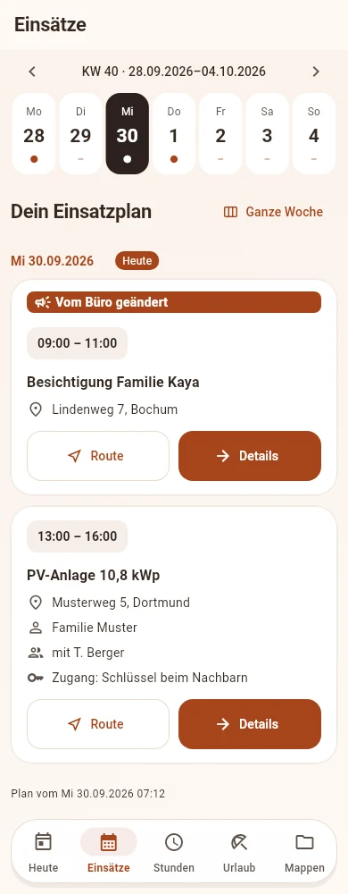 Tagesansicht der richt-schnur-App mit erfundenen Einsätzen