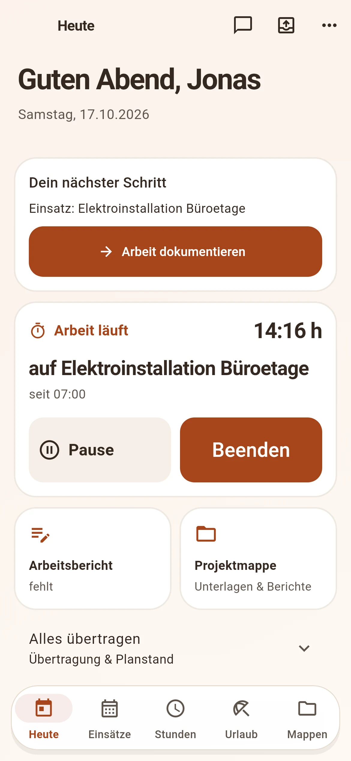 App 1.21.0 mit nächstem Arbeitsschritt, Übertragungsstand und heutigen Einsätzen, erfundene Demodaten