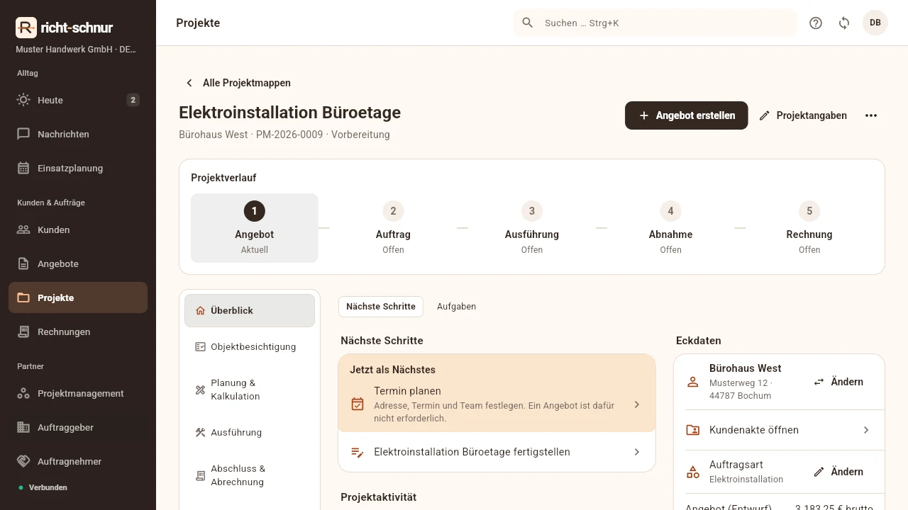 Projektmappe einer Elektroinstallation mit erfundenen Demodaten