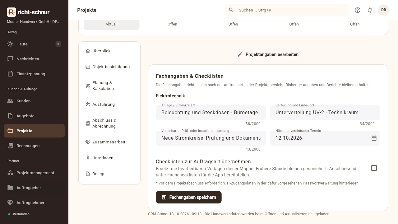 Elektro-Branchenprofil mit Anlage, Verteilung und vereinbartem Umfang – erfundene Demodaten