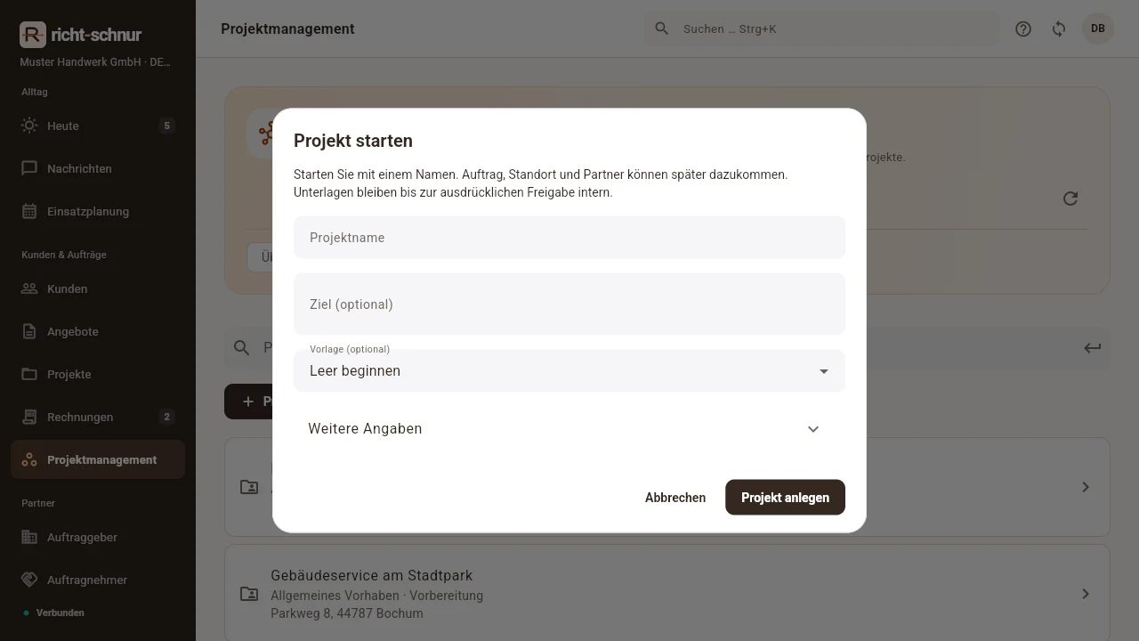 Mit einem Namen beginnen in richt-schnur – erfundene Beispieldaten