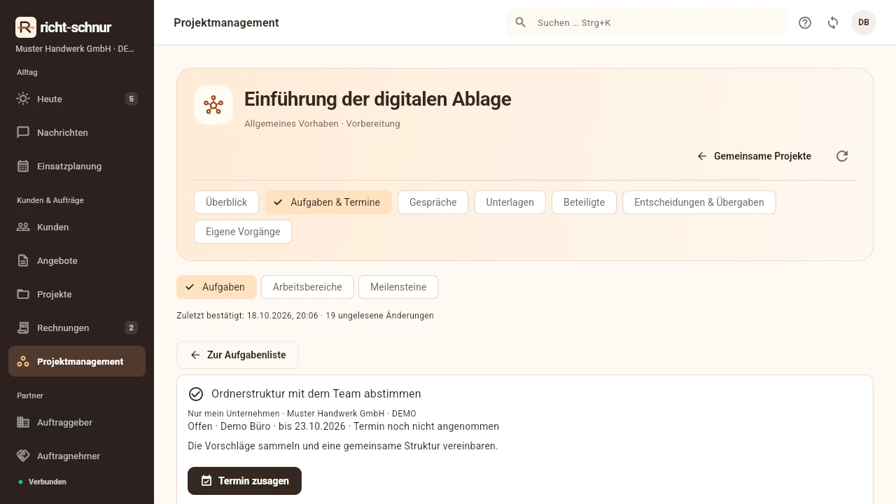 Direkt an der Aufgabe weiterarbeiten in richt-schnur – erfundene Beispieldaten